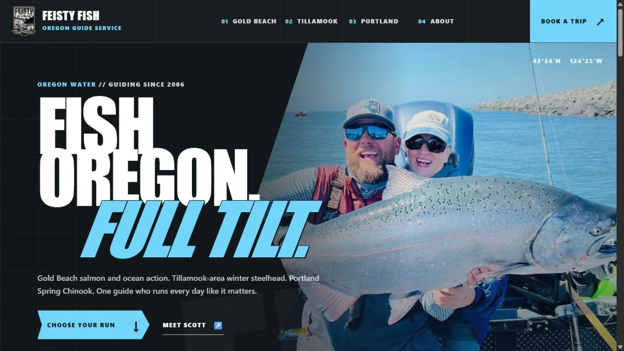 Feisty Fish staging website featuring Scott Feist and an Oregon salmon catch