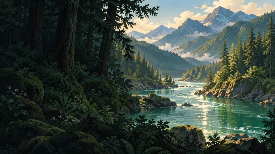 An illustrated river winding through a sunlit evergreen forest