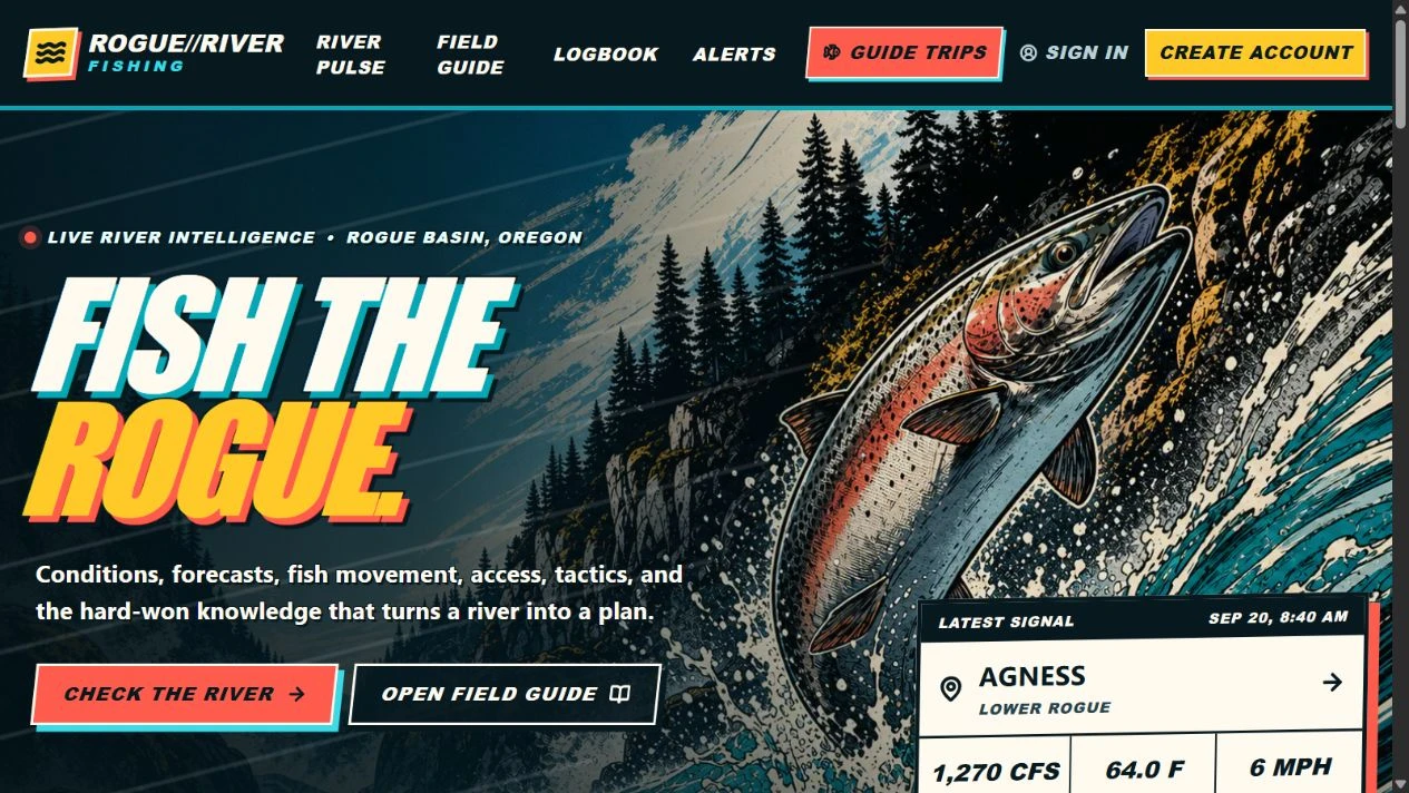Rogue River Fishing website showing river conditions and fishing resources